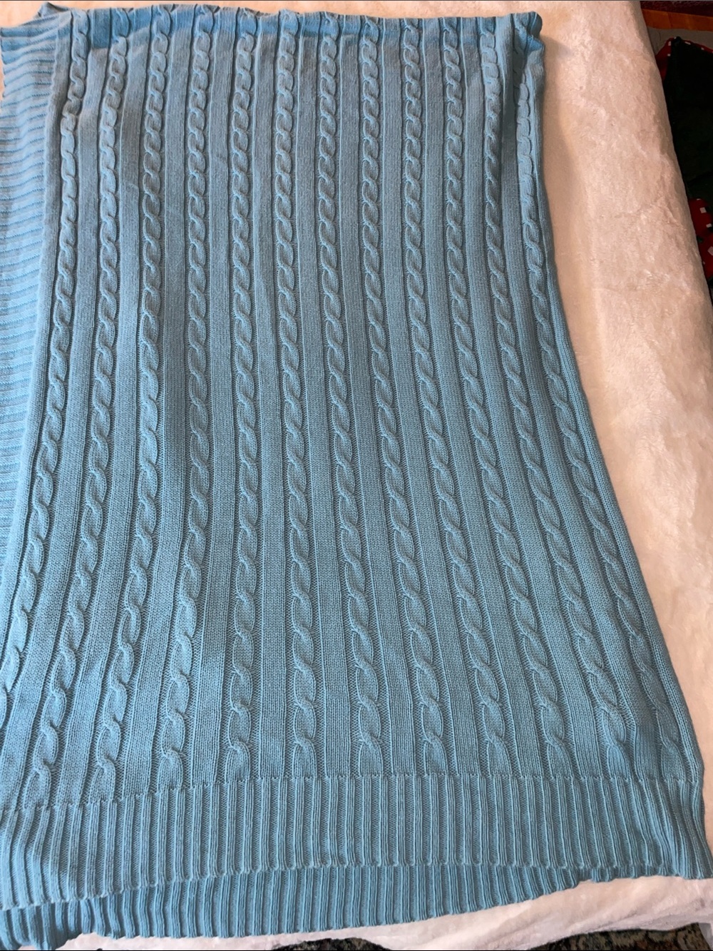 Picco Casa blue cotton cable knit blanket, approximately 60” x 80”